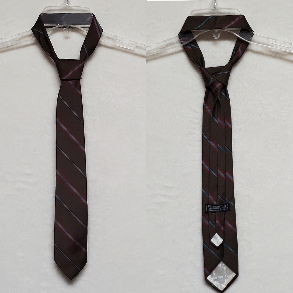 Christian Dior Vintage Italian Silk Red Diagonal Stripe Logo Embroidered Tie